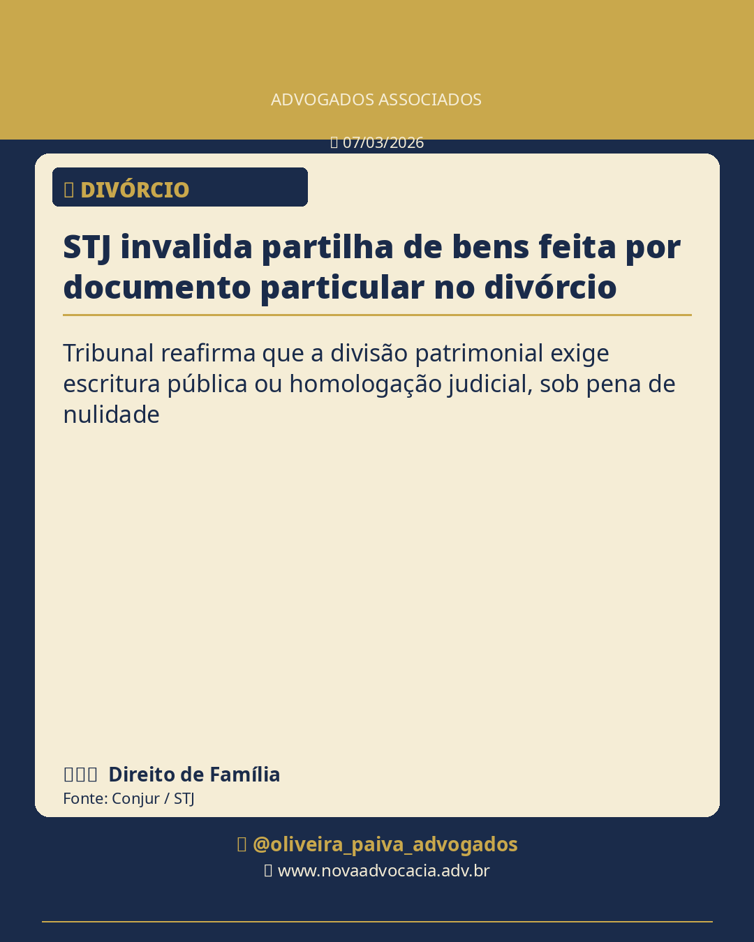 STJ invalida partilha de bens feita por documento particular no divórcio