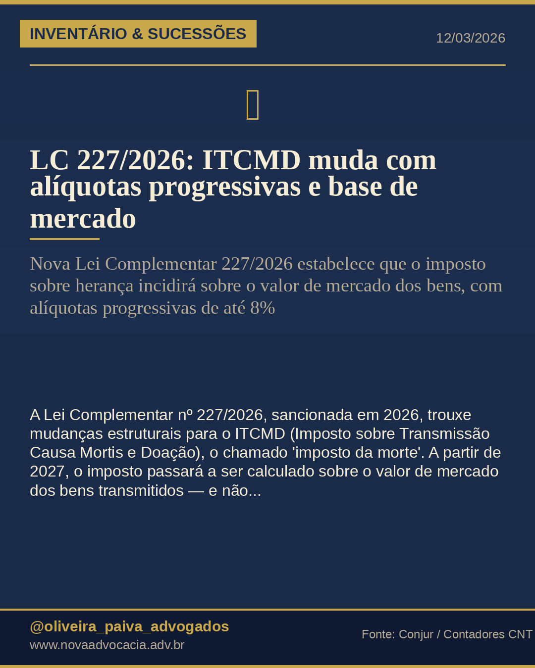 LC 227/2026: ITCMD muda com alíquotas progressivas e base de mercado